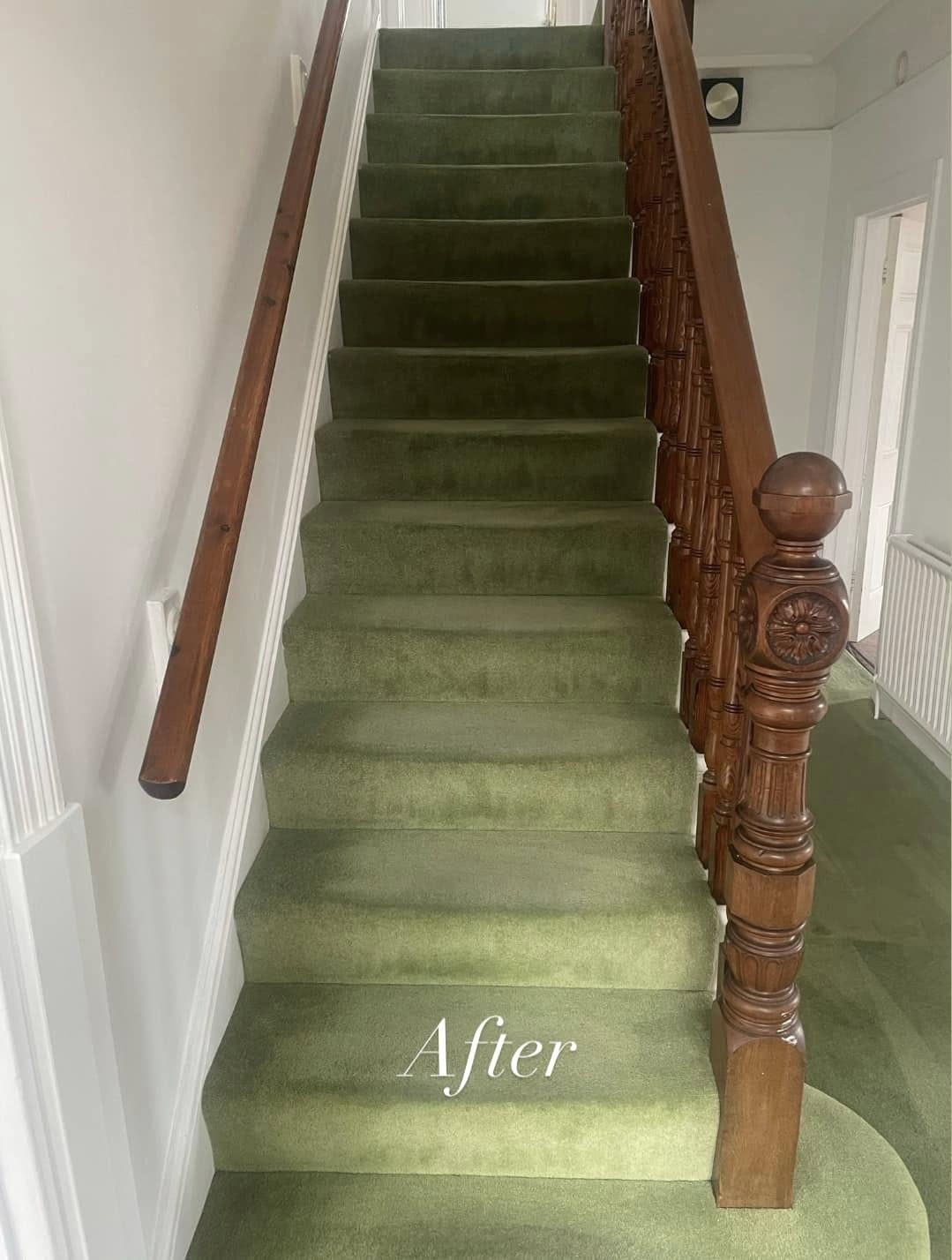 Olive green stair carpet restored to original colour after professional cleaning
