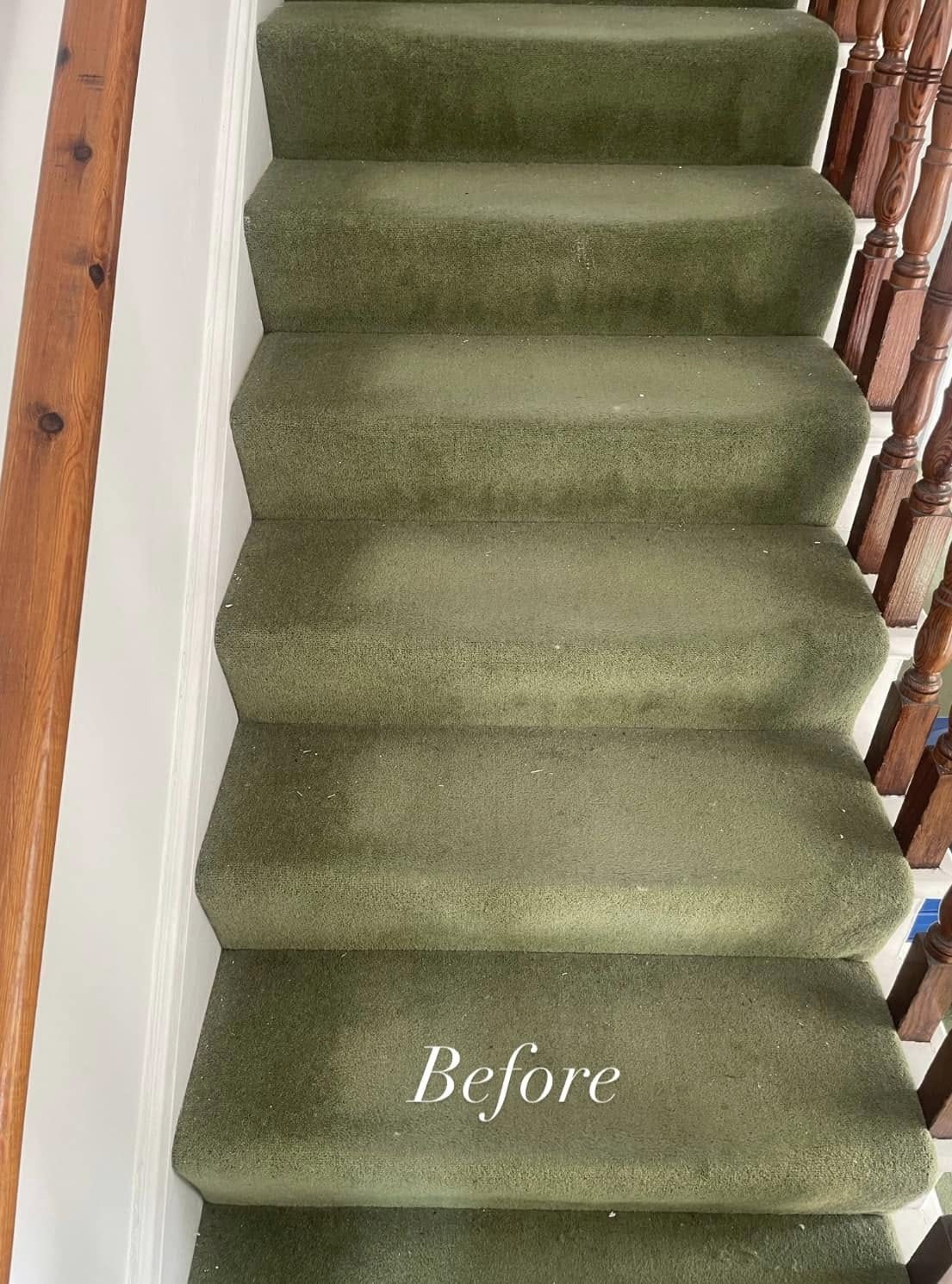 Olive green stair carpet before deep clean, Sidmouth